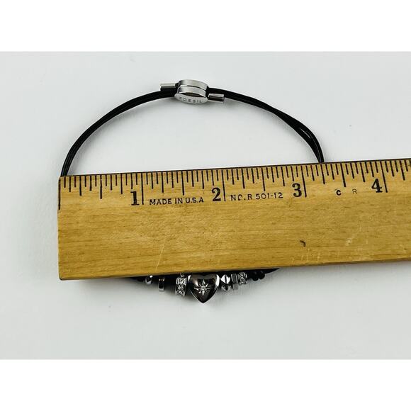 Fossil Boho Heart Silver Beads Brown Pull Cord Bracelet Adjustable Rhinestones - Picture 8 of 12